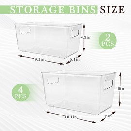 Slomg 6 Pack 2-Size Plastic Storage Bins, Clear Refrigerator Drawer Organizer Containers with Handles, Stackable Pantry Organization Boxes for Home Kitchen Fridge Freezer Cabinet Bathroom