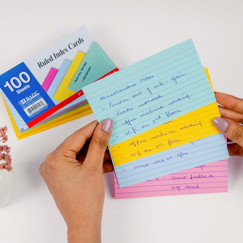 BAZIC 100 Ct. 3" X 5" Ruled Colored Index Card