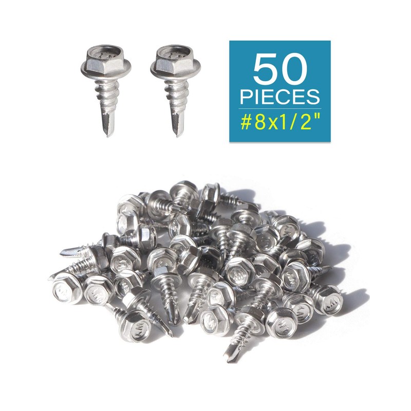 IMScrews 50pcs #8 x 1/2" Stainless Hex Washer Head Self
