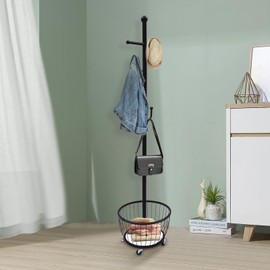 WUSILILU Entryway Coat Hanger Stand with Storage Basket, Cactus-Shaped Metal Standing Coat Rack with Mobile Wheel, Mobile Coat Hanger Stand Hall Tree for Hallway, Bedroom, Living Room (Black)