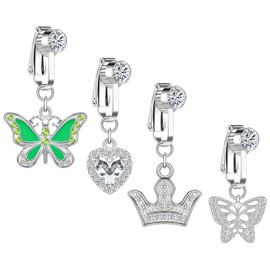 BodyAce 4pcs Fake Belly Button Bars Dangle Fake Belly Rings, Dream Catcher Heart Faux Navel Barbell, Butterfly Clip On Belly Bars Non Piercings Fake Jewellery (B:4Pcs)