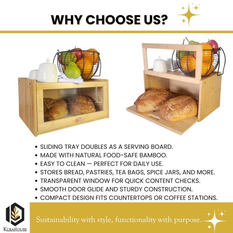 KuraHouse Bamboo Bread Box with Sliding Lid – Large Bread