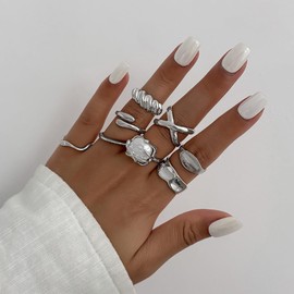 Sora Tuki Chunky Silver Rings for Women Non Tarnish Stackable Silver Ring Set Thick Statement Rings Adjustable Vintage Jewelry (Style2-8Pcs Silver)