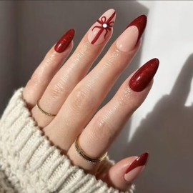 Christmas Press on Nails Medium Almond Fake Nails with Design Wine Red Glue on Nails French Tips Stick On Nails Glitter Winter Xmas False Nails for Women Girls Holiday Manicure 24pcs