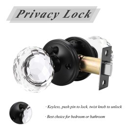 Probrico Privacy Door Knob Interior 1 Pack, Crystal Door Knobs for Bedroom/Bathroom, Heavy Duty Glass Door Knob with Lock and Black Round Rosette