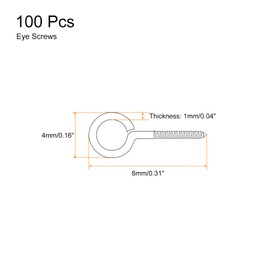uxcell 100Pcs Eye Screws, 304 Stainless Steel 8x4mm Small Self Tapping Screw Hooks Ring Mini Eye Pins for DIY Handwork Wooden Clay Pendants Cork Bottles, Silver