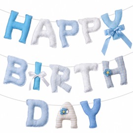 Pre-Strung Pastel Blue Felt Happy Birthday Banner 6.5 ft 3D Reusable Hanging Garland Birthday Sign Decoration for Baby Shower Party Decor Photo Prop Home Backdrop