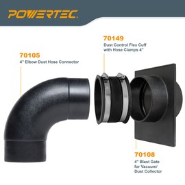POWERTEC 70360 4" Dust Collection Hose 90 Degree Elbow Connector with Blast Gate and Dust Control Flex Cuff, 1 Set