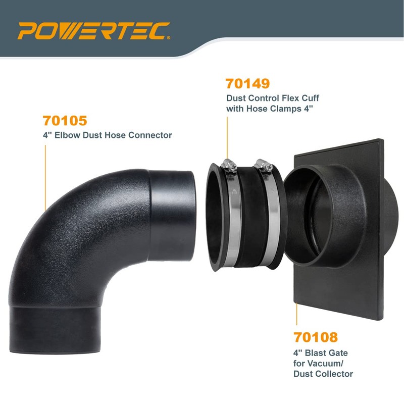 POWERTEC 70360 4" Dust Collection Hose 90 Degree Elbow Connector