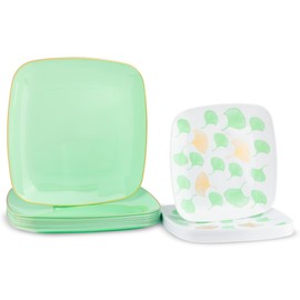 Dining Collection Party Plastic Plates - Christmas Party Combo Pack – Square Plates - Elegant Ginkgo Leaf Design in Mint Green, White & Gold, 32 Count, 7.25” & 10”, (16 of Each Size)