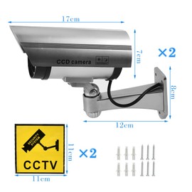 TIMESETL 2 Pack Silver Dummy Camera Waterproof Bullet Shape Fake Security Camera with Red Flashing LED + CCTV Signs + Screws