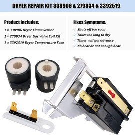 338906 Dryer Flame Sensor & 279834 Gas Valve Ignition Solenoid Coil Kit & 3392519 Thermal Fuse for Whirlpool Kenmore Maytag Dryers Replacement Parts WP338906 DC32-00008A 14205025 AP3094251