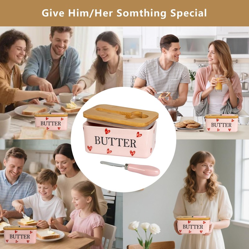 YumiPLUS Pink Ceramic Butter Dish with Bamboo Lid and Knife,