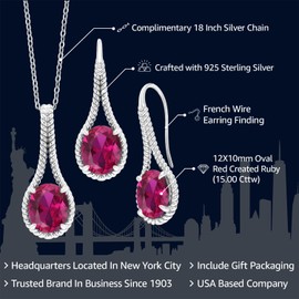 Gem Stone King 15.00 Cttw Oval Red Created Ruby Pendant and Earrings Jewelry Set For Women In 925 Sterling Silver | Oval 12X10MM | With 18 Inch Silver Chain