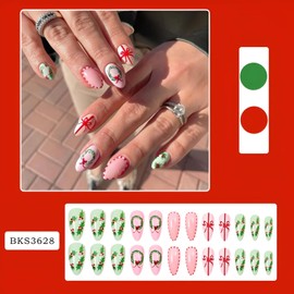 24Pcs Christmas Press on Nails Short Almond Fake Nails Red Bow Nails Press Ons Winter False Nails Glossy Glue on Nail Xmas Leaf Stick on Nail for Women and Girls Decoration Set