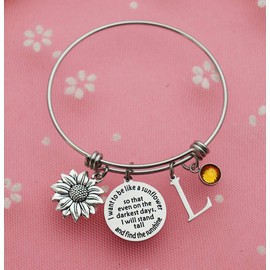 Eilygen Sunflower Bracelet Gift Initial Charm Bracelet 26 Letters Adjustable Bracelet for Women Encouragement Jewelry for Her (Sunflower Bangle L)