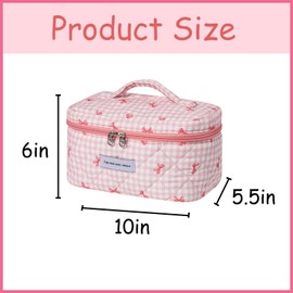 uekeboag Large Travel Quilted Makeup Bag for Women, Floral Cotton Cosmetic Bag, Coquette Aesthetic Floral Toiletry Organizer Bag(11Checker Pink Bow