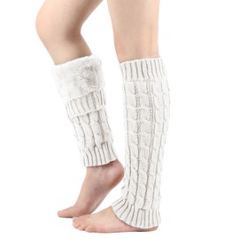 BelleVive Winter Fleece Lined Leg Warmers for Women Long Knitted Leg Warmers Warm Boot Socks with Fleece Lining for Skating Everyday Boots Boat Cover, White