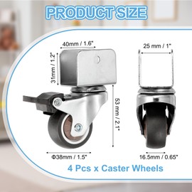 PATIKIL 1.5 Inch Caster Wheels, 4 Pcs Swivel Casters with Break 1" U Bracket Opening 55 Lb Capacity Per Caster for Furniture Office Chairs Carts and Cabinets, Brown