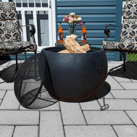 Outdoor Fire Pit - 24” Round Faux Concrete Firepit - Wood Burning Fire Pit with Poker, Screen, Cover - Wood Fire Pits for Outside Patio by Pure Garden