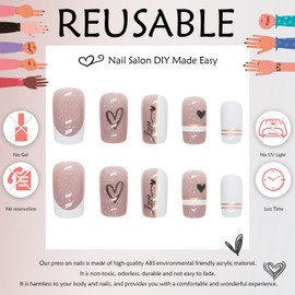 Ombre Press on Nails Short False Nails Glitter French Tip Nails Square Fake Nails Designs Pink Nails Acrylic Nails Cute Glue Nail for Women and Girls 24 Pcs