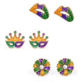 3 Pairs Mardi Gras Stud Earring Set for Women Mardi Gras Earring Accessories Carnival Stud Earrings Mask Clown Hat Floral Set Earrings Jewelry Costume Party Decorations (Colorful-F)