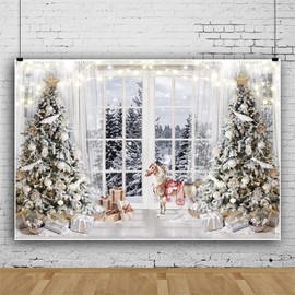 OFILA Christmas Window Backdrop 10x8ft White Christmas Backdrop for Photography Xmas Trees Glitter Lights Snowy Forest Background Merry Christmas Party Decor Banner Portrait Photoshoot Booth Props