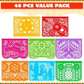 JOYIN Mexican 108 Feet Party Banner, 6 pcs Plastic Fiesta Banner with 8 Multicolor Plastic Flags per Banner Cinco de Mayo Decor Day of The Dead Papel Picado Decorations, Fiesta Garland for Mexican Party Supplies