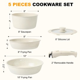 Tibbicc Pots and Pans Set Non Stick, Ceramic Cookware Set Nonstick Frying Pans 5 Pcs-Non Toxic PFAS/PFOA/PTFE Free, with Detachable Handle for RV Kitchen, Induction & Dishwasher Safe Cream White