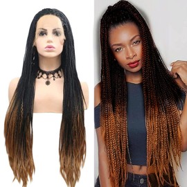 AFBeauty Braided Wig for Women Micro Twist Braid Wig Long Brown Black Ombre Heat Resistant Glueless Box Braids Wig Knotless Braids Lace Front Wig Cornrows Full Lace Synthetic Hair Cosplay Daily 26Inch
