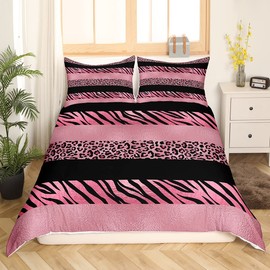 Pink Leopard Print Kids Duvet Cover Set Queen Size,Zebra Skin Texture Bedding Set,Girls Boys Adults Room Decor,Abstract Animals Skin Stripes Comforter Cover,Fashion Romantic Quilt Cover,2 Pillowcases