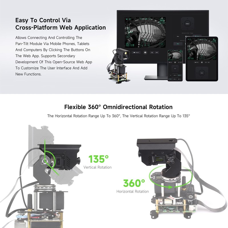 Waveshare 360° Omnidirectional High-Torque 2-Axis Expandable Pan-Tilt Camera Module, Compatible