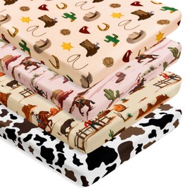 4 Pack Western Cowboy Crib Sheets Neutral Breathable Fitted Baby Sheets Nursery Sheets for Baby Boys or Girls (Pack N Play Sheet)