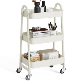 OLIXIS 3 Tier Utility Rolling Cart, Metal Mobile Storage Shelf with Lockable Caster Wheels, Organization for Livingroom, Bathroom, Kitchen, & Narrow Places, White