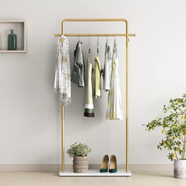 TIEOU Gold Clothing Racks with Shelf, Heavy Duty Gold Clothes Racks for Boutiques, Free-Standing Metal Garment Rack for Hanging Clothes, Modern Coat Rack Entryway