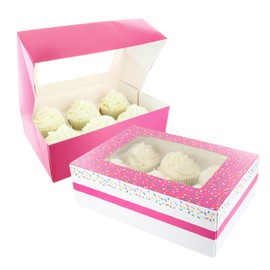 Baked with Love 6/12 Cupcake Box, Twin Pack, Pink Sprinkles Windowed Cupcake Boxes to Carry Tasty Treats, Includes Dual Insert for 6 Standard Cupcakes or 12 Mini Cupcakes, Pack of 2