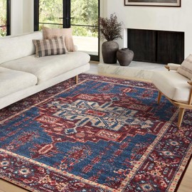 nusoarug Machine Washable Area Rugs, Vintage 5 * 7 Non Slip Area Rugs for Living Room with TPR Rubber Backing, Boho Area Rug Carpet Runner for Bedroom Dining Room Indoor, Red Medallion- Faux Wool