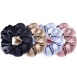Silk Scrunchies for Hair 100% Pure Mulberry Silk Hair Scrunchies Luxurious Silk Hair Ties No Crease Scrunchies for Women, Girls, Thick Curly Hair (4 Pack, Black,Dark Blue,Light Champagne,Pink(3.5cm))