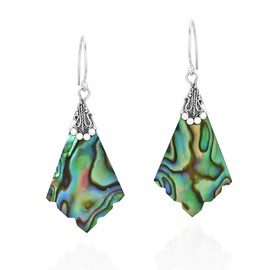 Interesting Balinese Ornate Rainbow Abalone Shell .925 Sterling Silver Dangle Earrings