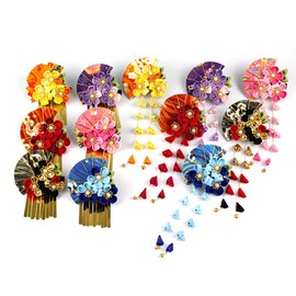 MaitianGuyou 髪飾り 和装 扇型 つまみ細工髪飾り 2点セット ヘアクリップ 花 金色 梅 扇子 成人式 振袖 和服 和装 着物 浴衣(赤）