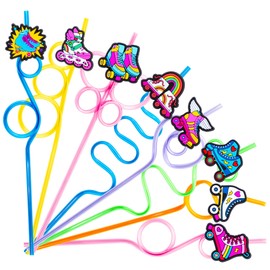 24 PCS Roller Skate Drinking Crazy Straws for Kids Decor Retro 80s 90s Disco Skateboard Themed Birthday Party Supplies Favors Decorations with 24 PVC Cute Charm, 2 Cleaning Brushes Reusable Straw