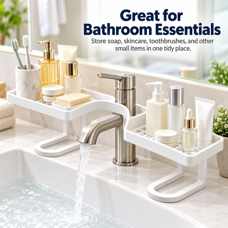 50cm Over-Faucet Sink Shelf for Bathroom Storage – No-Drill Quick-Drain