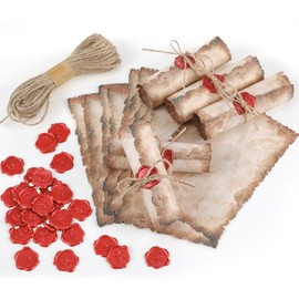 Sinload Vintage Writing Invitations Set Includes 100 Letter Antique Rustic Papers 100 Wax Seal Stickers 3 Strands of Twine for Christmas Stationery Old Medieval Scroll Cardstock(5 x 7 Inch)
