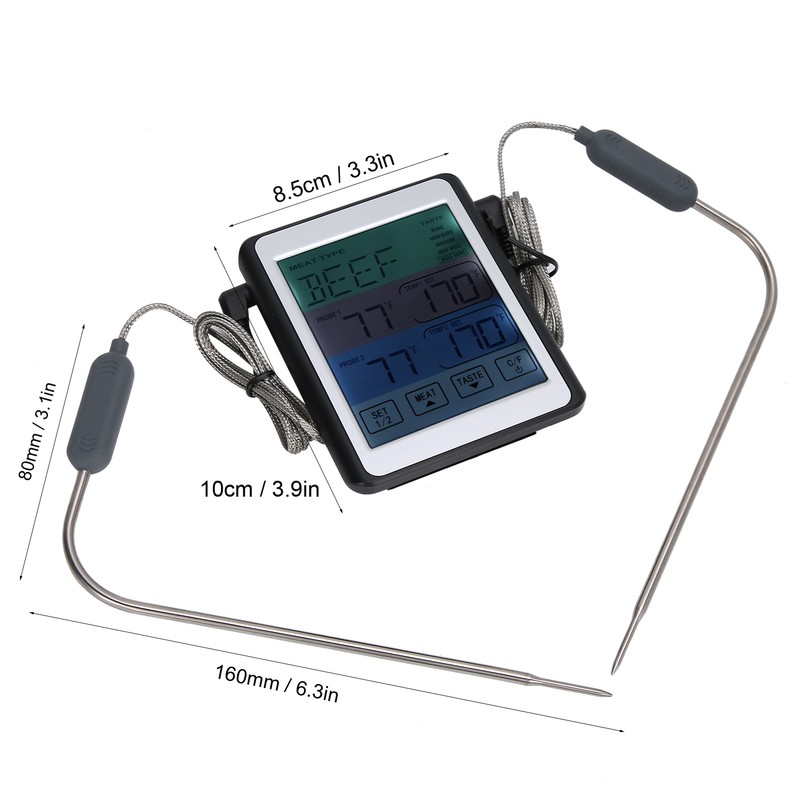 Digital Thermometer Dual Probe Meat Temperature Meter Tester Timer Alarm