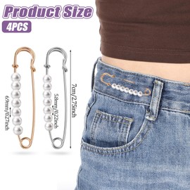 4 Pcs Faux Pearl Brooch Pins Decorative Safety Pins Pants Clips Tighten Waist Pins Large Shawl Pins for Women Clothing Dress Pants Skirt Dressing Accessories Waist Extender Decorative Pins