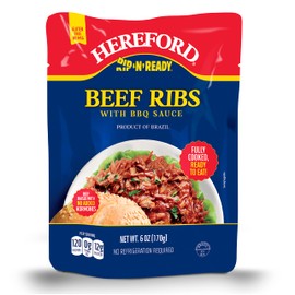 Hereford Beef Ribs with BBQ Sauce | Shelf Stable | Fully Cooked | Ready-to-Eat | Beef Raised with No Added Hormones | 12g of Protein per Serving | 6oz per Pouch (Case of 12)