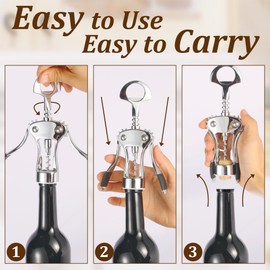 QONYFONE Wine Opener, Premium Zinc Alloy Wing Corkscrew, Heavy Duty Manual Multifunctional Bottle Opener for Kitchen, Restaurant, Bar and Waiters, Silver
