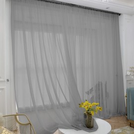 Gray Sheer Curtains 120 Inches Long 2 Panels,Rod Pocket Voile Semi Sheer Window Curtains for Kitchen, Bedroom and Living Room (Gray, 52 W x 120 L)