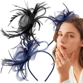 2 PCS Feather Hair Fascinator Headband Retro Elegant Flower Hair Fascinator Wedding Top Hat Flower Mesh Ribbons Wedding Headwear Party Hair Accessories for Girls and Women
