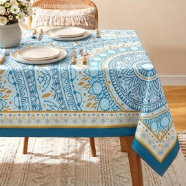 Joy Bubble Rectangle Tablecloth Waterproof Soft Brushed Fabric Table Cloth for Dining Table Stain Resistant & Wipeable Polyester Table Cover, Blue Mandala, 102X60 Inch